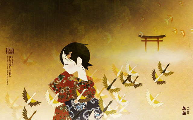 Woman kimono birds pagoda yellow free wallpaper - medium preview image