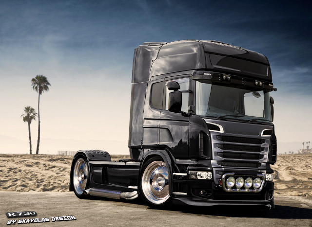 Black semi truck desert palm free wallpaper - medium preview image