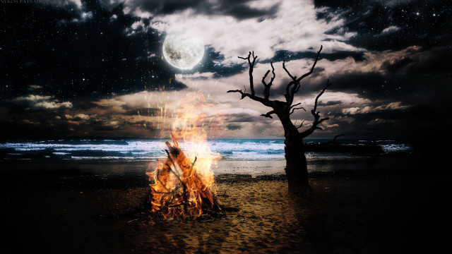 Fire pit beach full moon free wallpaper - medium preview image
