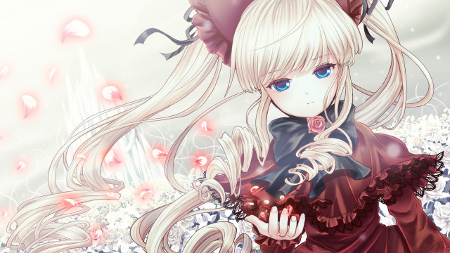 Anime girl blonde blueeyes reddress free wallpaper for desktop - medium preview image