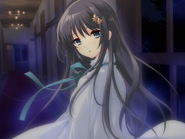 Girl blackhair blueRibbon whiteDress starrySky free wallpaper - medium preview image