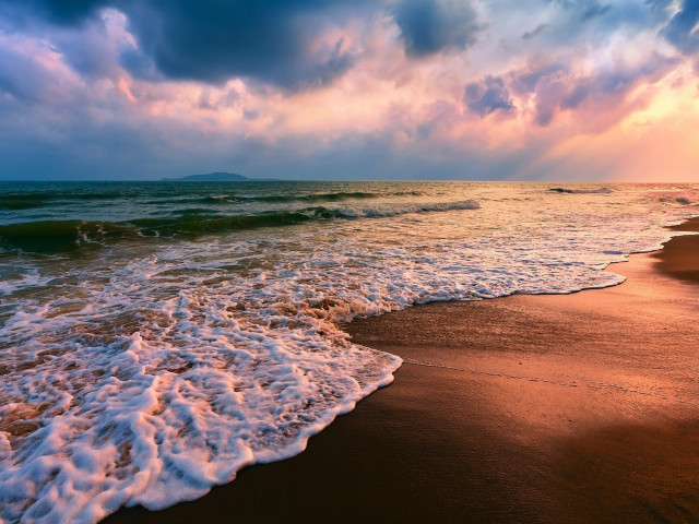Beach sunset waves clouds mountain free wallpaper - medium preview image