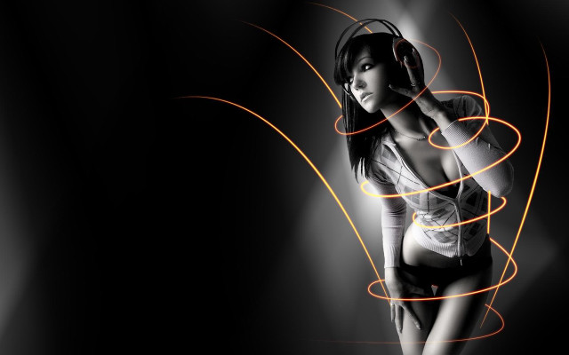 Woman white shirt headphones orange free wallpaper - medium preview image