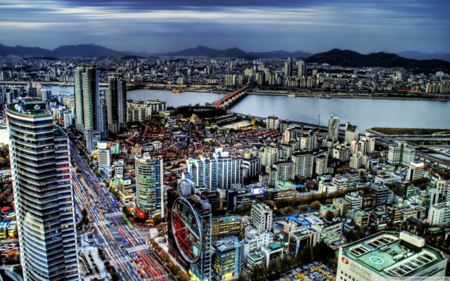 City tall buildings river bridge free wallpaper - medium preview image