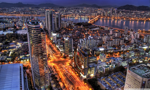 Cityscape tall buildings river nighttime #2 free wallpaper - medium preview image