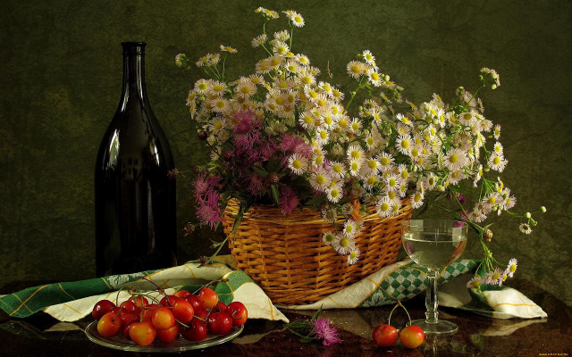 Basket flowers wine table cloth free wallpaper - medium preview image