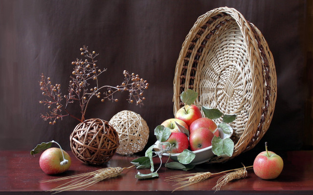 Basket apples fruit table brown free wallpaper - medium preview image