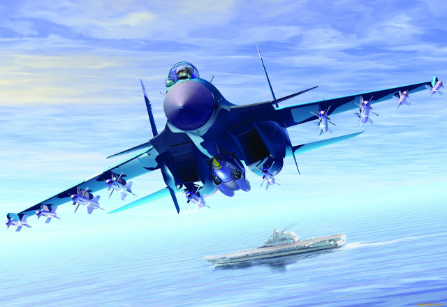 Blue fighter jet ocean boat free wallpaper - medium preview image