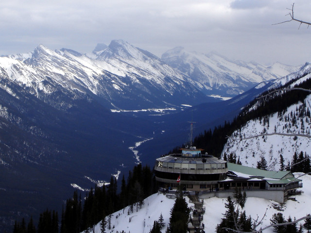 Mountain building snow trees cloudy free wallpaper - medium preview image