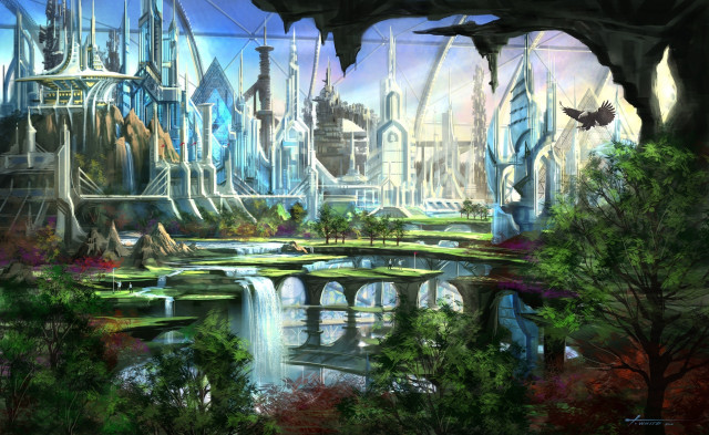 Futuristic city waterfall bridge scenery free wallpaper - medium preview image