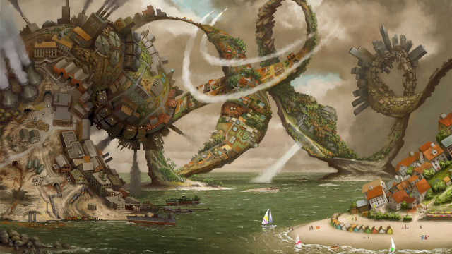 Giant octopus attacking city beach #2 free wallpaper - medium preview image