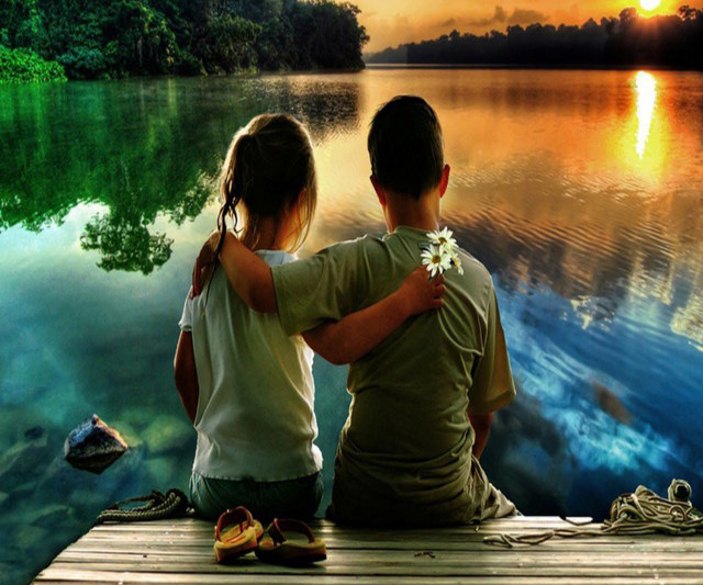 Sunset couple dock lake love free wallpaper - medium preview image