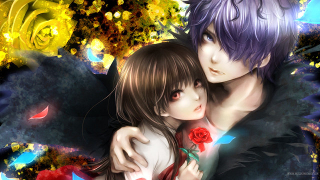 Anime couple hugging flowers background free wallpaper - medium preview image