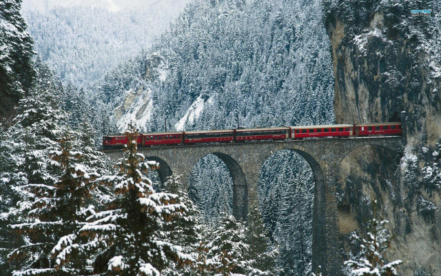 Train bridge snowy mountains magical free wallpaper - medium preview image
