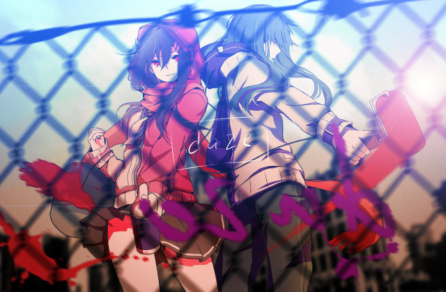 Anime girls fence cat building free wallpaper - medium preview image