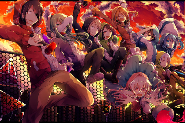 Anime characters bench fire sky free wallpaper - medium preview image