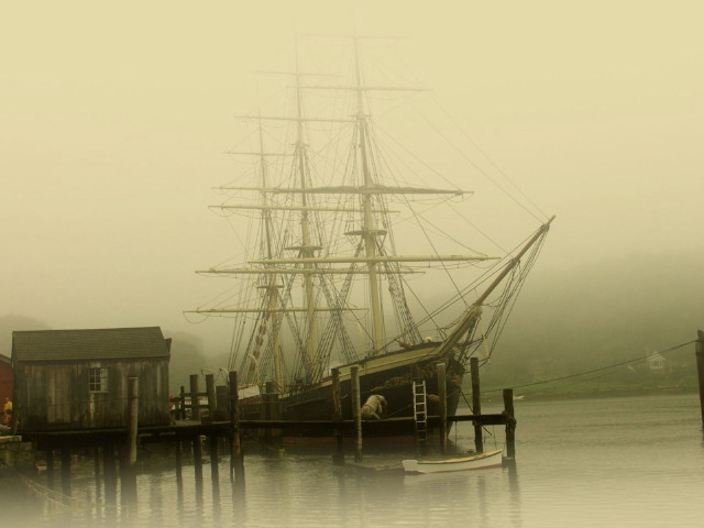 Boat docked harbor foggy day free wallpaper - medium preview image
