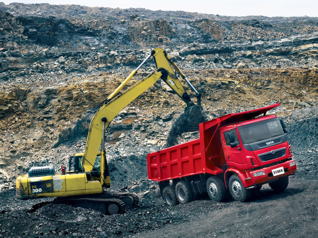Red truck yellow bulldozer dirt free wallpaper - medium preview image