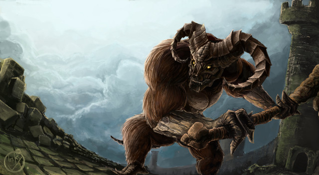 Giant horned creature stone wall free wallpaper - medium preview image