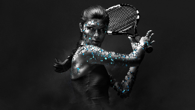 Woman blue paint tennis racket free wallpaper - medium preview image