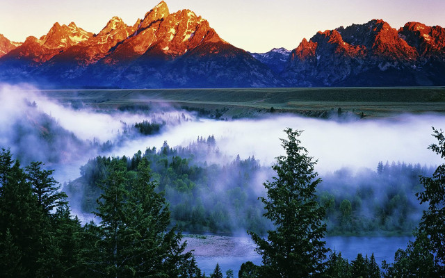 Mountain range river trees foggy free wallpaper - medium preview image