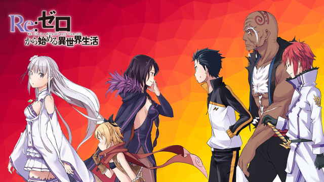 Anime characters red yellow background free wallpaper - medium preview image