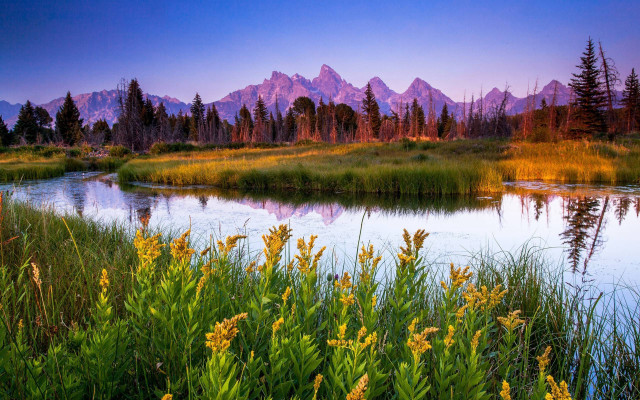 River grass trees mountains sunset free wallpaper - medium preview image