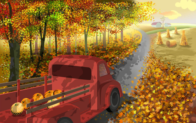Red truck autumn leaves fall free wallpaper - medium preview image