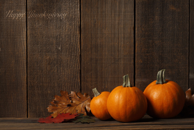 Three pumpkins wooden table happy free wallpaper - medium preview image