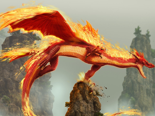 Red dragon flying mountain waterfall free wallpaper - medium preview image