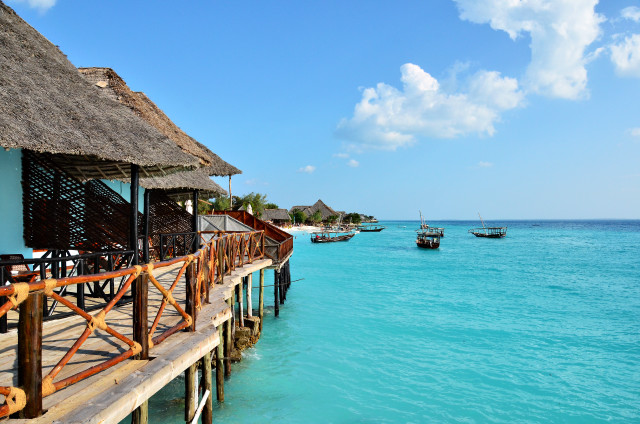 Pier boat thatchedhouse mattepainting beach free wallpaper - medium preview image