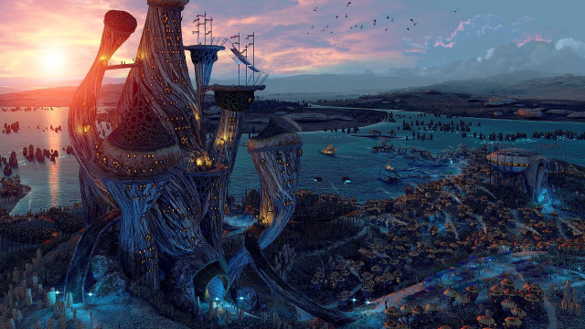 Futuristic city giant tree sunset free wallpaper - medium preview image