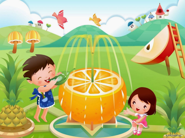 Cartoon boy girl playing orange free wallpaper for desktop - medium preview image