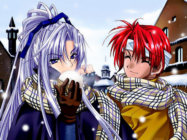 Anime characters snow together winter free wallpaper - medium preview image