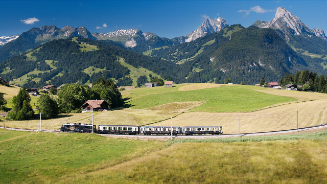 Train countryside mountains trees sunny free wallpaper - medium preview image