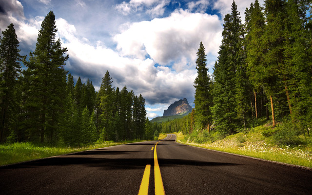 Road mountain trees clouds sky free wallpaper - medium preview image