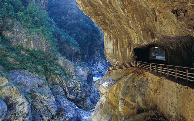 Tunnel mountain wooden railing river free wallpaper for desktop - medium preview image