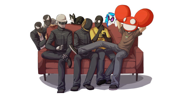Group people couch masks balloon free wallpaper - medium preview image