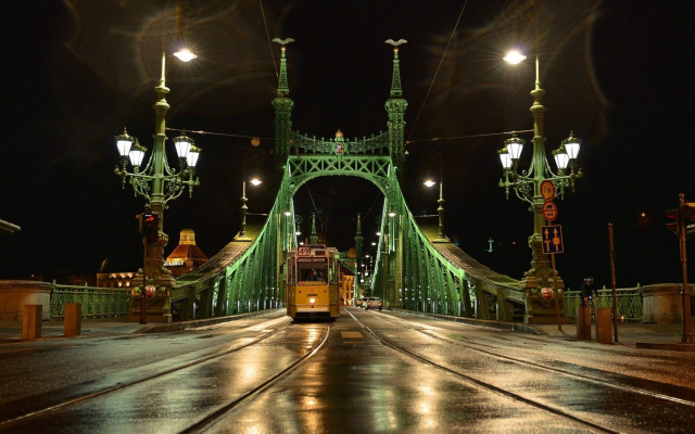 Trolley car crossing bridge night free wallpaper - medium preview image