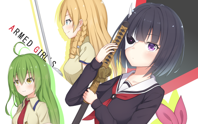 Anime girls green hair swords free wallpaper - medium preview image
