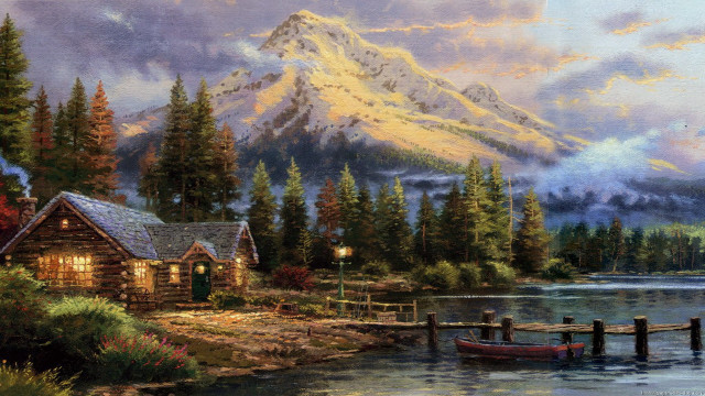 Cabin lake boat mountain painting #3 free wallpaper - medium preview image