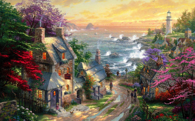 House ocean lighthouse dog walking free wallpaper - medium preview image