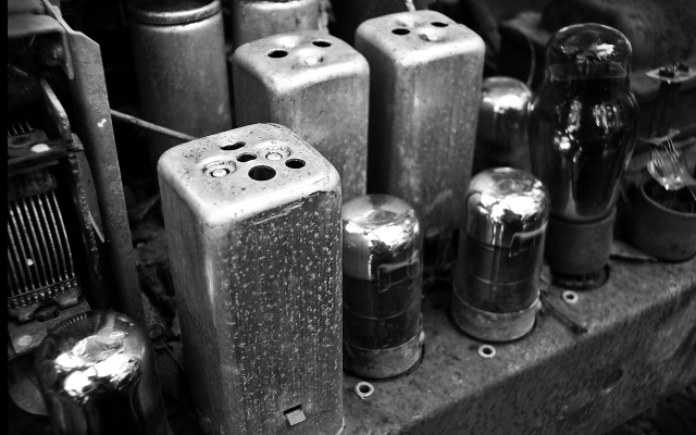 Old metal objects stacked shelf free wallpaper - medium preview image