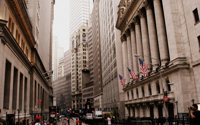 City street tall buildings flags free wallpaper - medium preview image