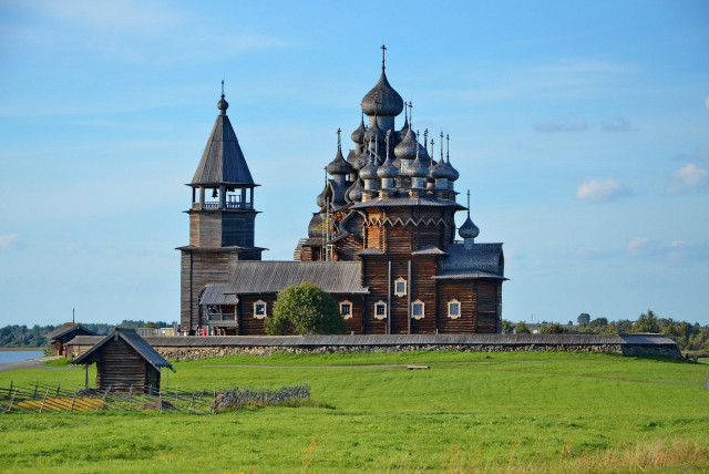 Large wooden church tower field free wallpaper - medium preview image