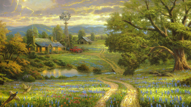 Country house stream windmill painting free wallpaper - medium preview image
