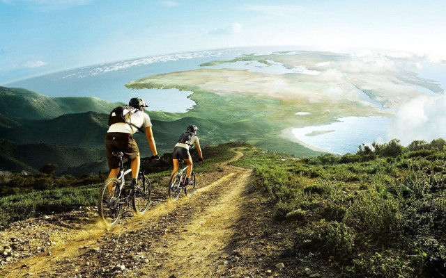 Couple biking dirt road lake #2 free wallpaper - medium preview image