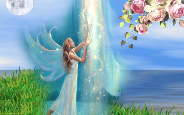 Woman waterfall fullmoon magical realism free wallpaper - medium preview image