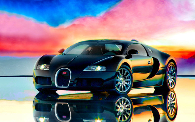 Black bugatti reflection puddle sunset #2 free wallpaper - medium preview image