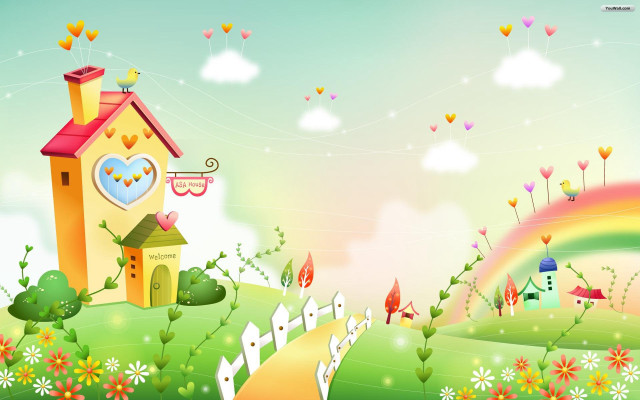 House heart rainbow flowers sky free wallpaper - medium preview image
